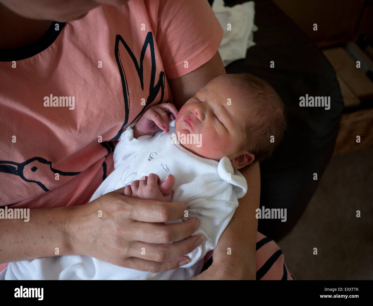 One day old baby boy sleeping in mothers arms, England, UK. Stock Photo