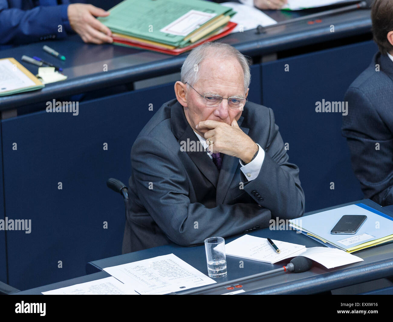 Berlin, Germany. 17th July, 2015. Special session of the German Parliament - consultation of government on the ' negotiations of the Government Federal relative to the concession of financial support for the Hellenic Republic of Greece ' realized at the German Parliament on 17.07.2015 in Berlin, Germany. / Picture: Wolfgang Schäuble (CDU), German Minister of Finance, during the session of the german Parliament relative to the concession of financial support for the Hellenic Republic of Greece. Credit:  Reynaldo Chaib Paganelli/Alamy Live News Stock Photo