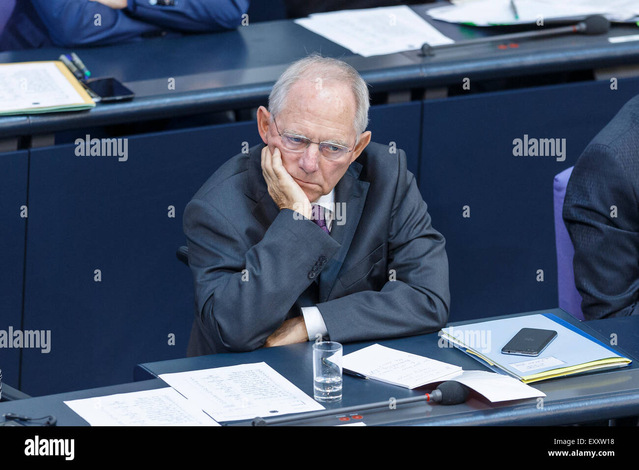 Berlin, Germany. 17th July, 2015. Special session of the German Parliament - consultation of government on the ' negotiations of the Government Federal relative to the concession of financial support for the Hellenic Republic of Greece ' realized at the German Parliament on 17.07.2015 in Berlin, Germany. / Picture: Wolfgang Schäuble (CDU), German Minister of Finance, during the session of the german Parliament relative to the concession of financial support for the Hellenic Republic of Greece. Credit:  Reynaldo Chaib Paganelli/Alamy Live News Stock Photo