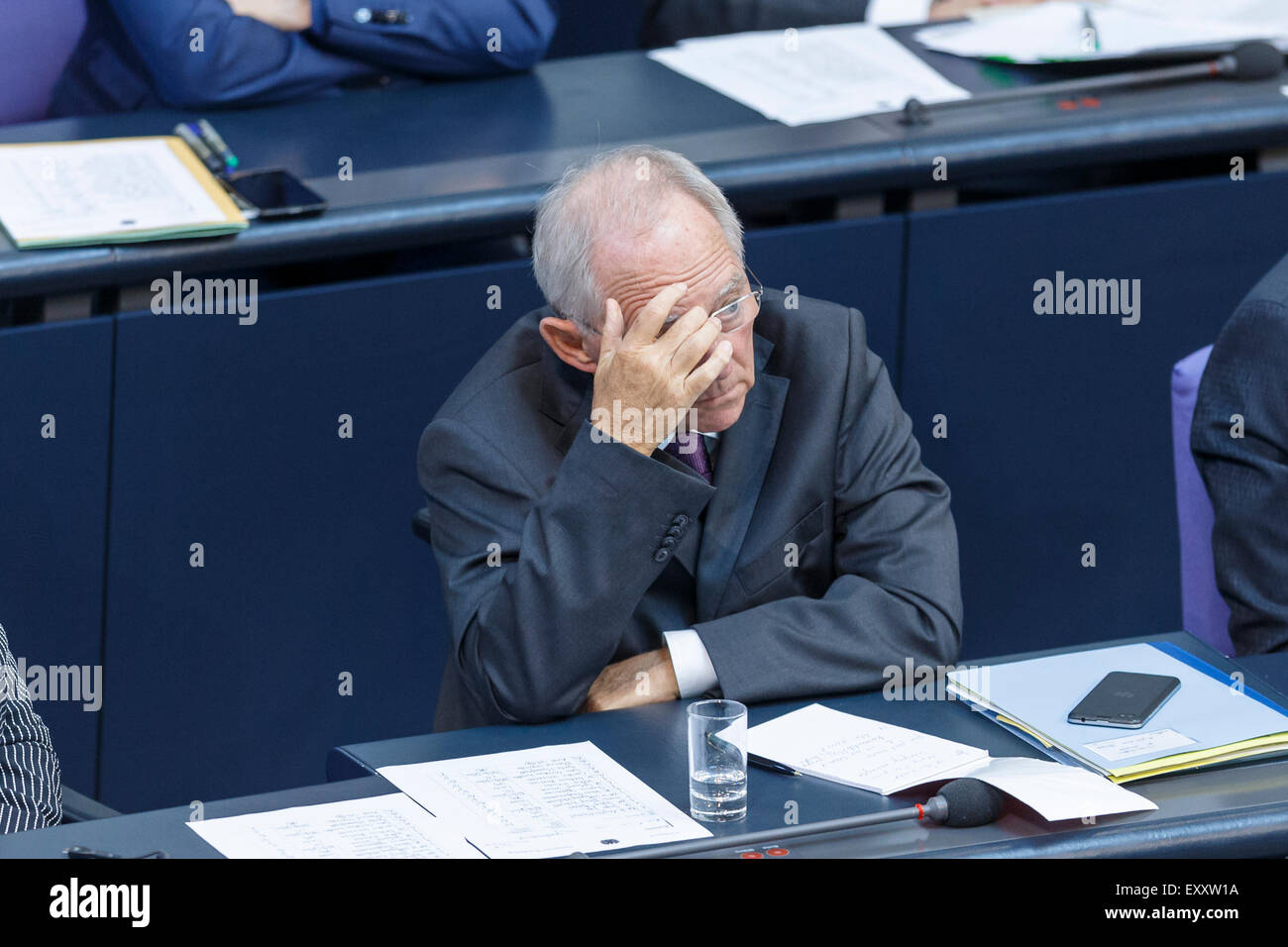 Berlin, Germany. 17th July, 2015. Special session of the German Parliament - consultation of government on the ' negotiations of the Government Federal relative to the concession of financial support for the Hellenic Republic of Greece ' realized at the German Parliament on 17.07.2015 in Berlin, Germany. / Picture: Wolfgang Schäuble (CDU), German Minister of Finance, during the session of the german Parliament relative to the concession of financial support for the Hellenic Republic of Greece. Credit:  Reynaldo Chaib Paganelli/Alamy Live News Stock Photo