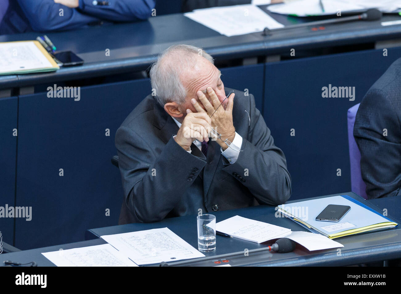 Berlin, Germany. 17th July, 2015. Special session of the German Parliament - consultation of government on the ' negotiations of the Government Federal relative to the concession of financial support for the Hellenic Republic of Greece ' realized at the German Parliament on 17.07.2015 in Berlin, Germany. / Picture: Wolfgang Schäuble (CDU), German Minister of Finance, during the session of the german Parliament relative to the concession of financial support for the Hellenic Republic of Greece. Credit:  Reynaldo Chaib Paganelli/Alamy Live News Stock Photo