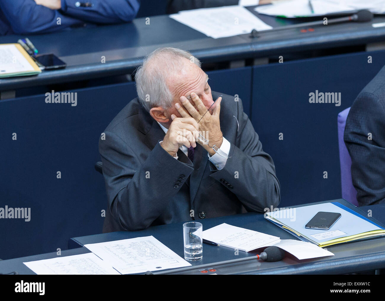 Berlin, Germany. 17th July, 2015. Special session of the German Parliament - consultation of government on the ' negotiations of the Government Federal relative to the concession of financial support for the Hellenic Republic of Greece ' realized at the German Parliament on 17.07.2015 in Berlin, Germany. / Picture: Wolfgang Schäuble (CDU), German Minister of Finance, during the session of the german Parliament relative to the concession of financial support for the Hellenic Republic of Greece. Credit:  Reynaldo Chaib Paganelli/Alamy Live News Stock Photo