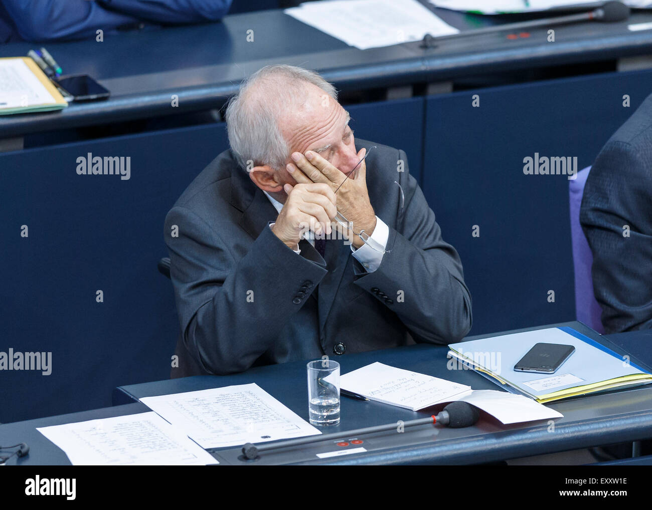 Berlin, Germany. 17th July, 2015. Special session of the German Parliament - consultation of government on the ' negotiations of the Government Federal relative to the concession of financial support for the Hellenic Republic of Greece ' realized at the German Parliament on 17.07.2015 in Berlin, Germany. / Picture: Wolfgang Schäuble (CDU), German Minister of Finance, during the session of the german Parliament relative to the concession of financial support for the Hellenic Republic of Greece. Credit:  Reynaldo Chaib Paganelli/Alamy Live News Stock Photo