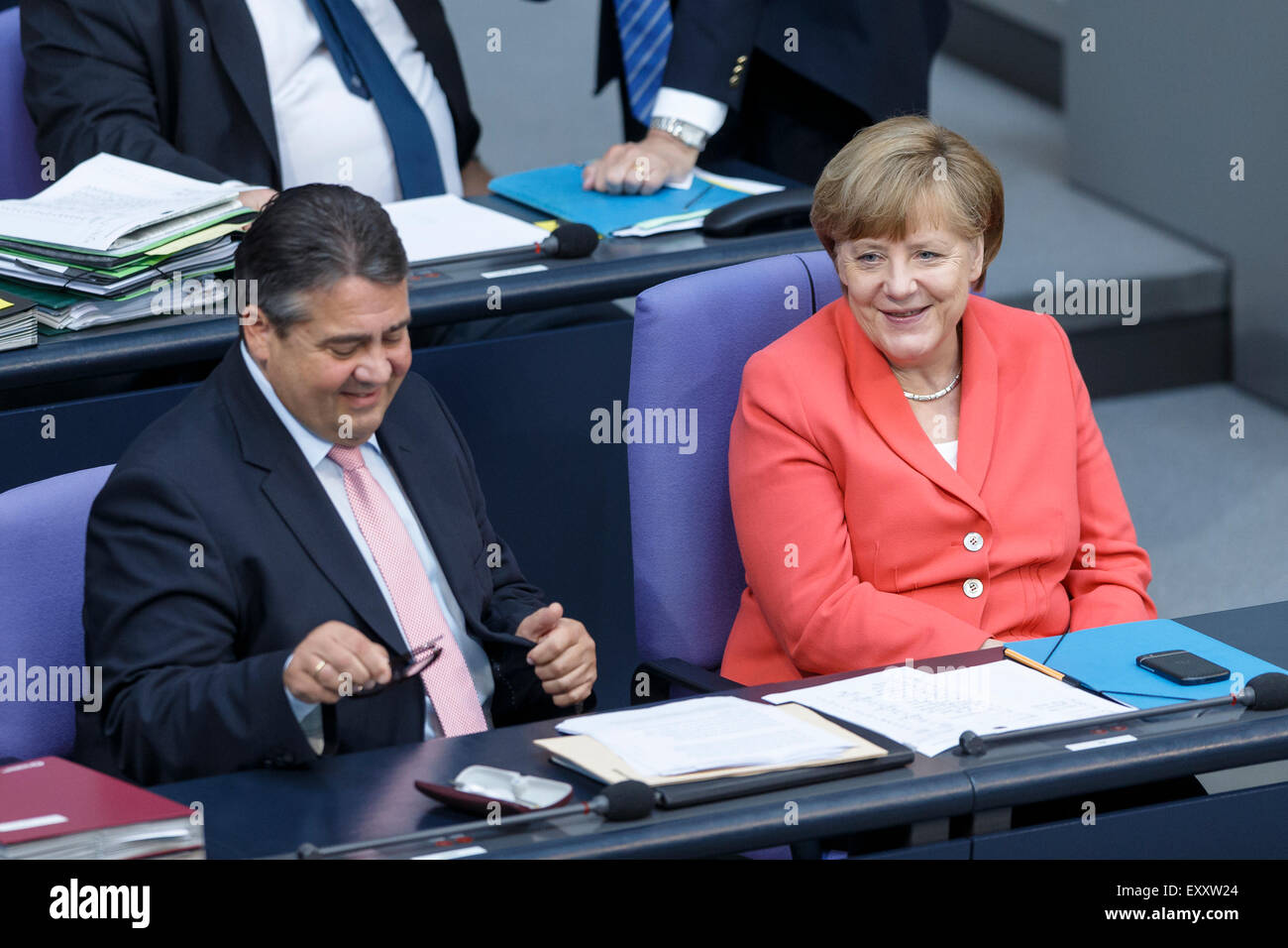 Berlin, Germany. 17th July, 2015. Special session of the German Parliament - consultation of government on the ' negotiations of the Government Federal relative to the concession of financial support for the Hellenic Republic of Greece ' realized at the German Parliament on 17.07.2015 in Berlin, Germany. / Picture: Chancellor Angela Merkel (CDU), and Sigmar Gabriel (SPD), German Minister of Economy and Energy,  during the session of the german Parliament relative to the concession of financial support for the Hellenic Republic of Greece. Credit:  Reynaldo Chaib Paganelli/Alamy Live News Stock Photo