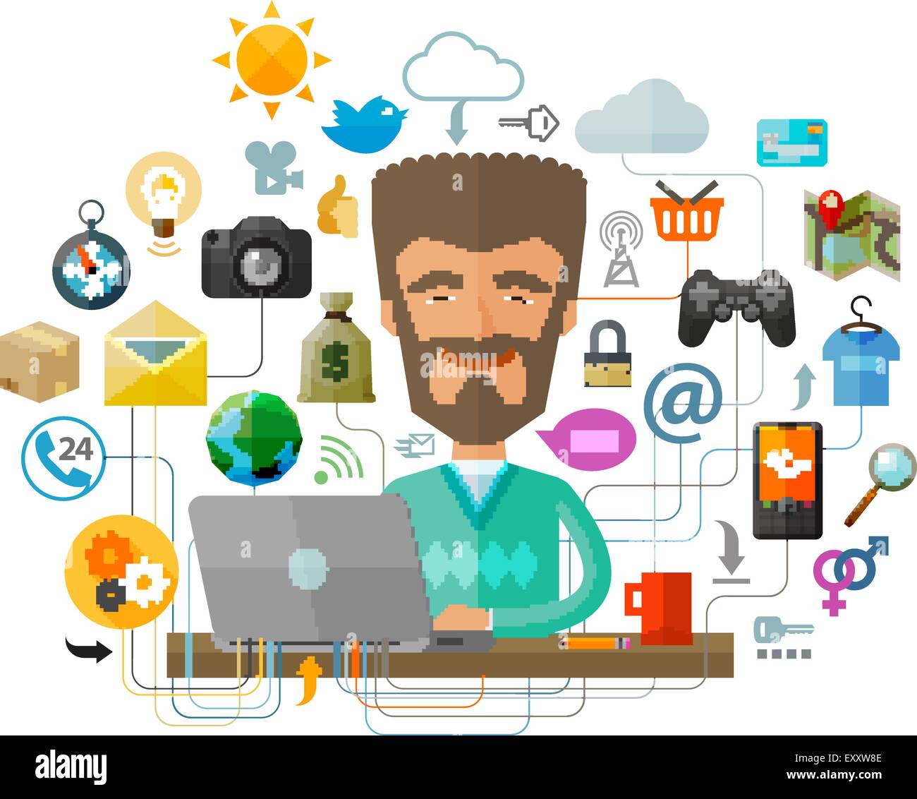 A man with a beard behind the laptop on the Internet. Vector illustration Stock Vector