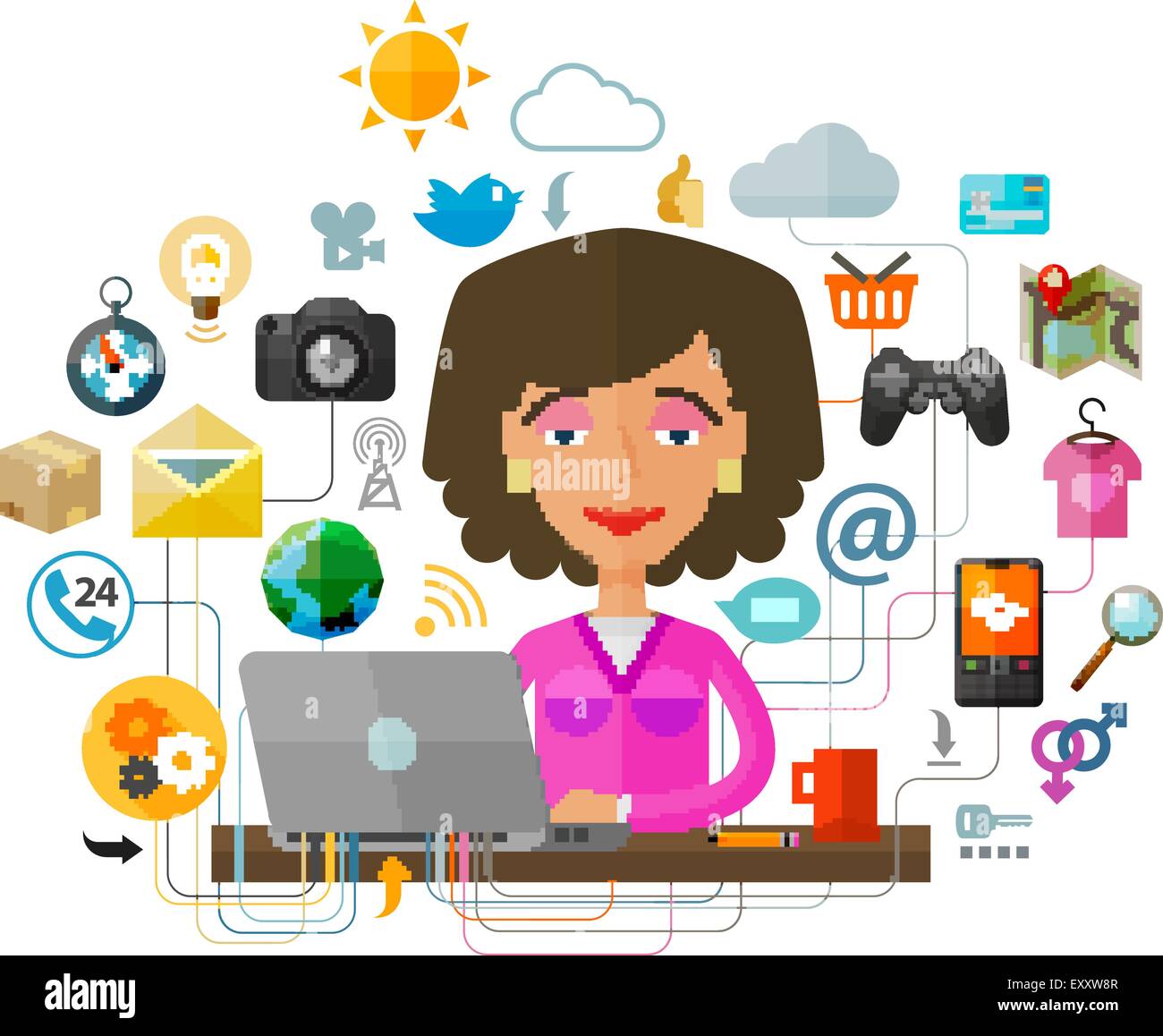 The young woman at the computer on the Internet. laptop, pc or network, web icons Stock Vector