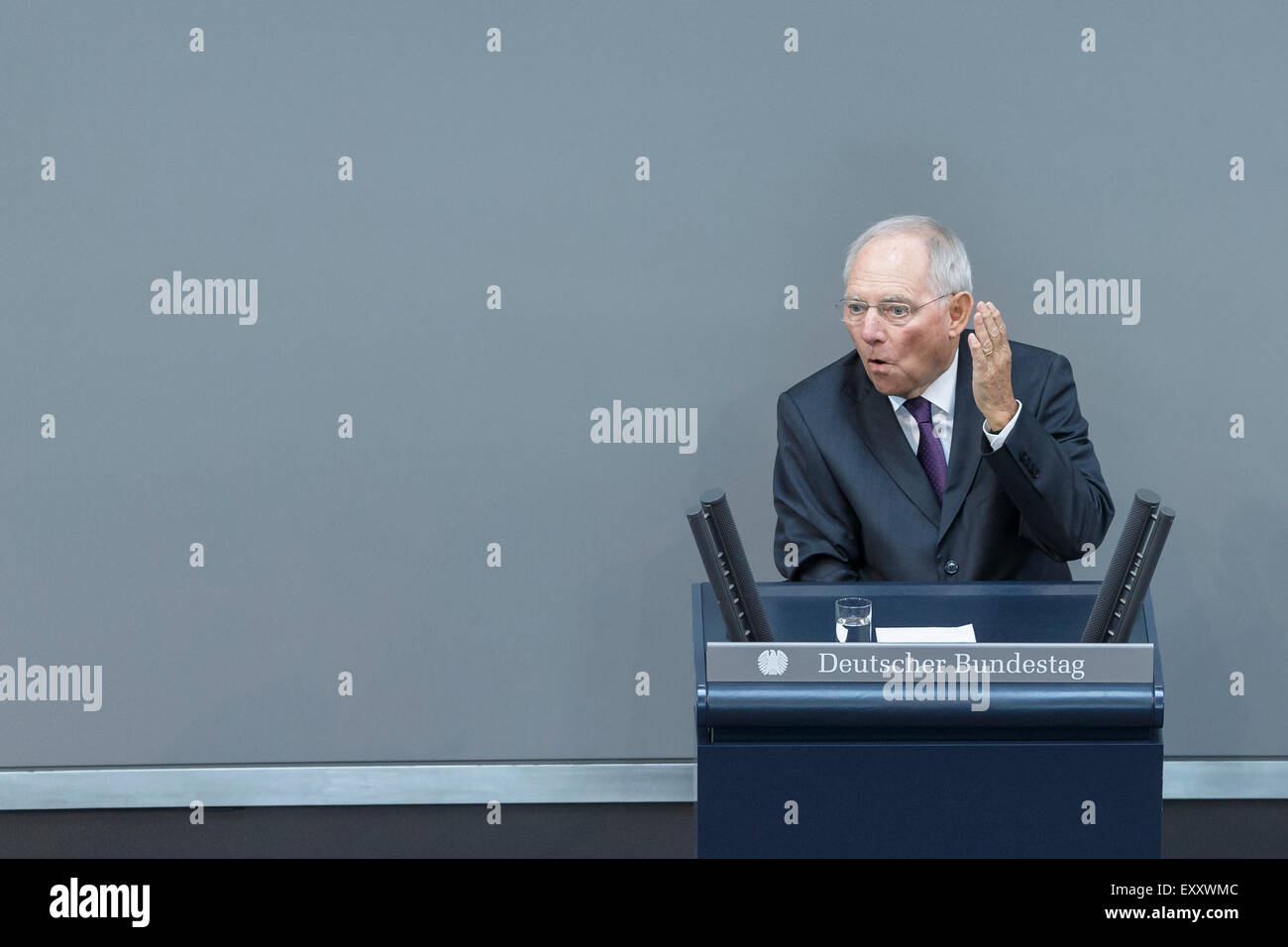 Berlin, Germany. 17th July, 2015. Special session of the German Parliament - consultation of government on the ' negotiations of the Government Federal relative to the concession of financial support for the Hellenic Republic of Greece ' realized at the German Parliament on 17.07.2015 in Berlin, Germany. / Picture: Wolfgang Schäuble (CDU), German Minister of Finance, during his speech at the session of the german Parliament relative to the concession of financial support for the Hellenic Republic of Greece. Credit:  Reynaldo Chaib Paganelli/Alamy Live News Stock Photo