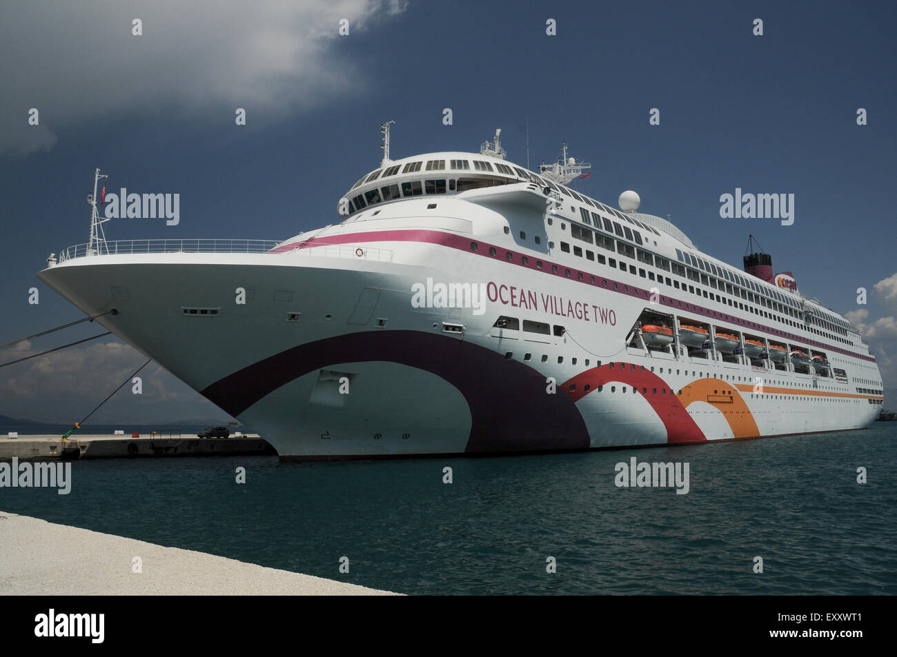 Cruise Ship Ocean Village II is docked in Corfu.   Credit: Euan Cherry Stock Photo