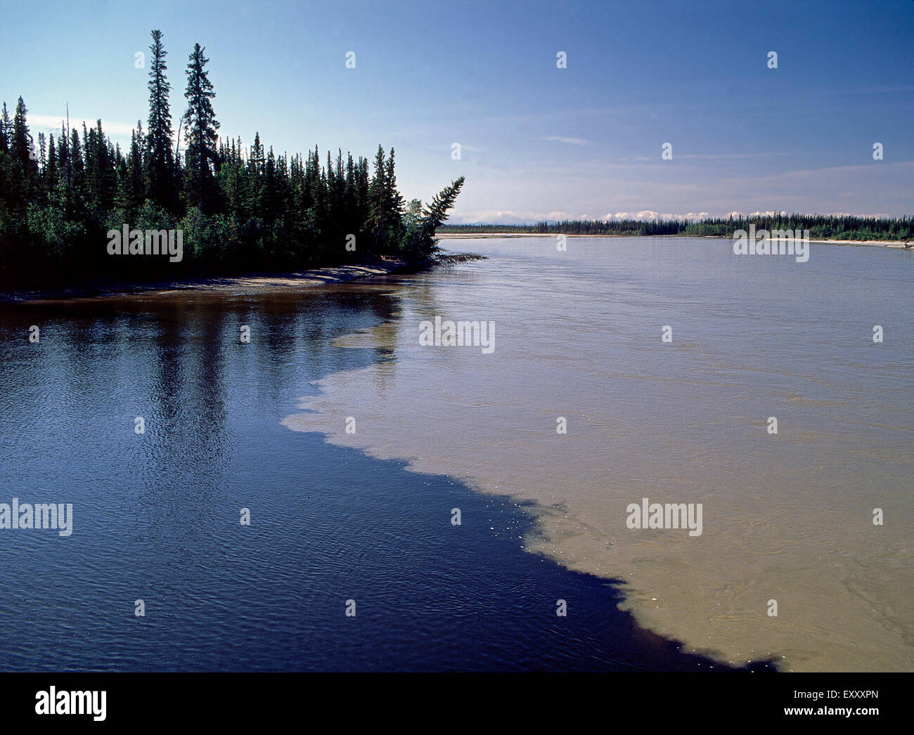 Mixing of the clear Chena River with the silted Tanana River, Alaska