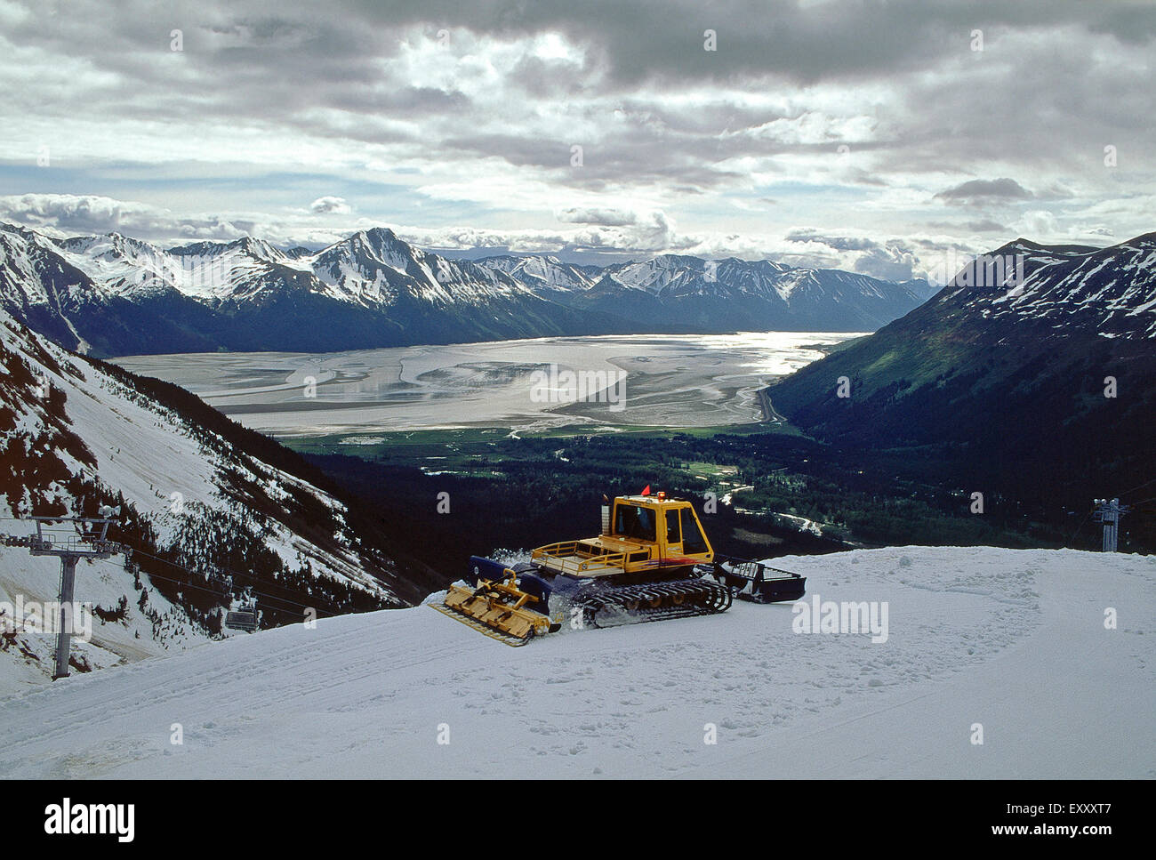 Snowcat grooming the slopes of Alyeska Resort,Alaska Stock Photo