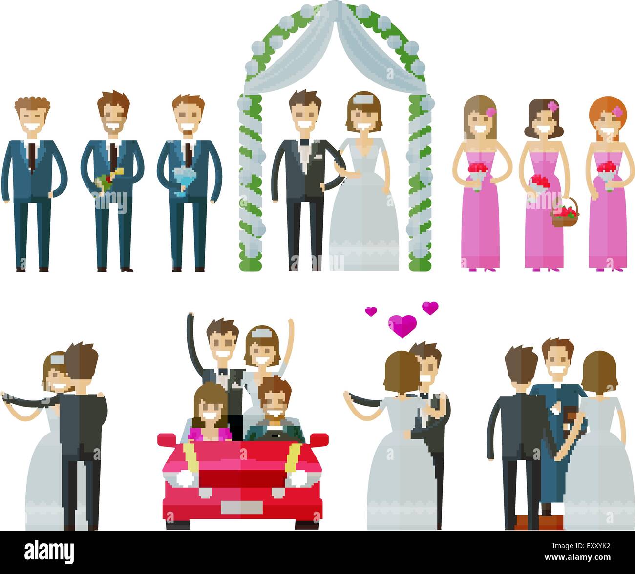 wedding icons set.  marriage, nuptial, wed or bride and groom signs. vector illustration Stock Vector