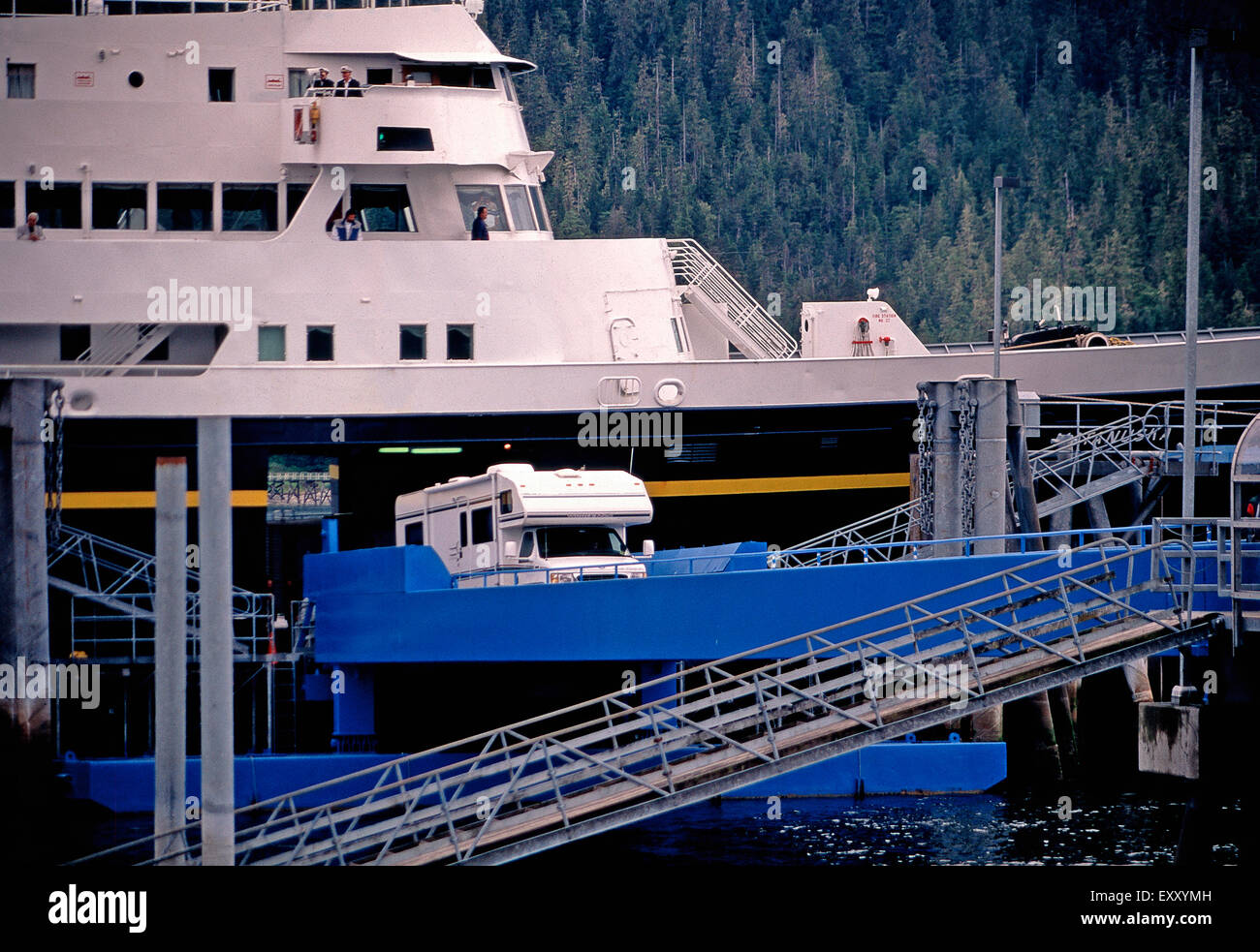 Motorhome unloading from Alaska Marine Highway ferry, Petersburg,Alaska Stock Photo