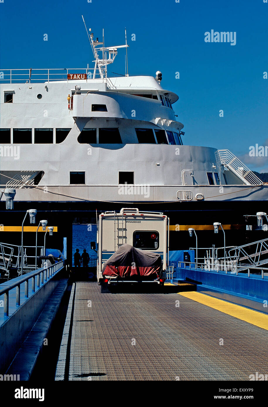 Recreational vehicle loading onto Alaska Marine Highway ferry,Sitka,Alaska Stock Photo