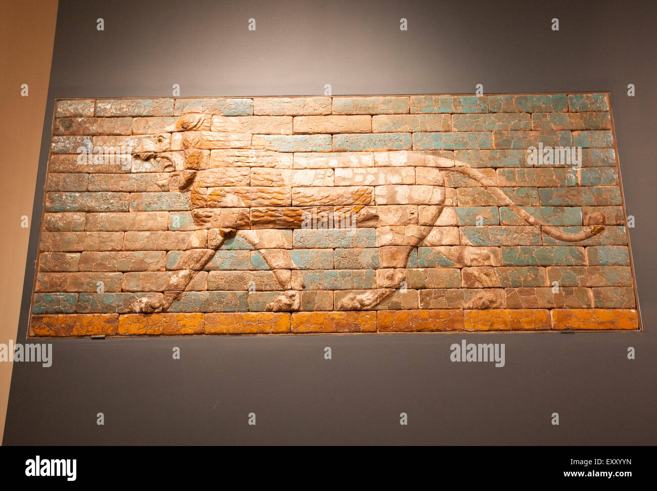 NEW YORK - May 26, 2015: This relief of a lion, the animal associated with Ishtar, goddess of love and war, served to protect th Stock Photo