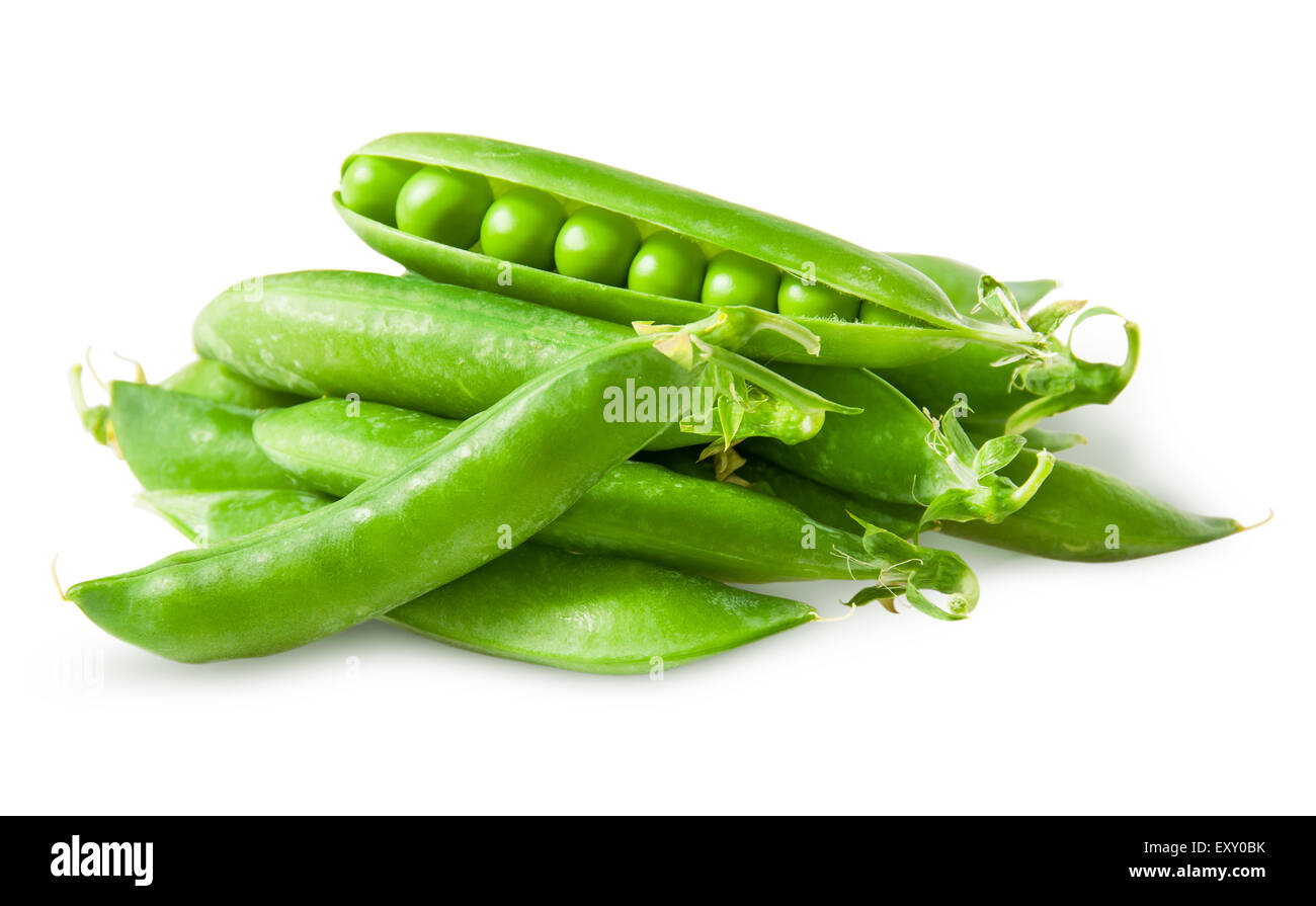 Pile closed pea pods and one open isolated on white background Stock Photo