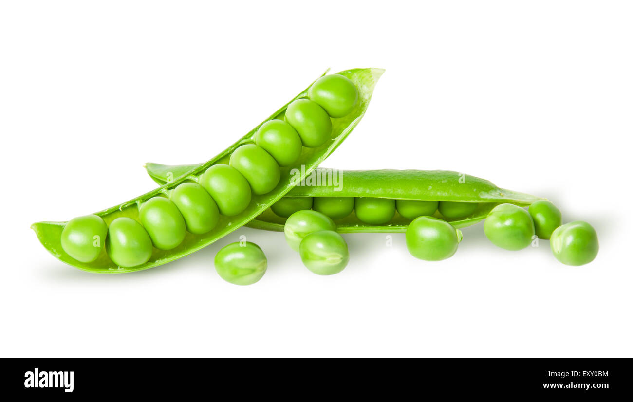 Two disclosed pea pods and peas isolated on white background Stock Photo