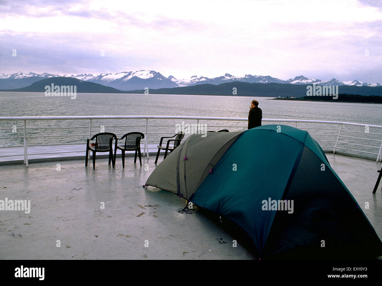 Camper tents on ferry deck, Alaska Marine Highway System, Alaska Stock Photo