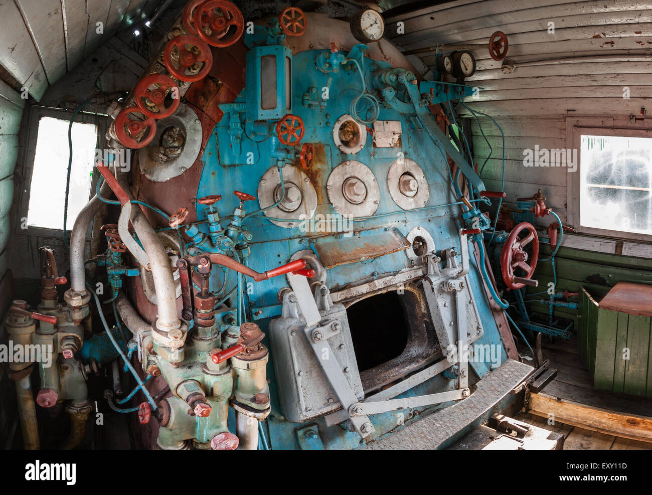 Fragment of engine room on old steam locomotive Stock Photo