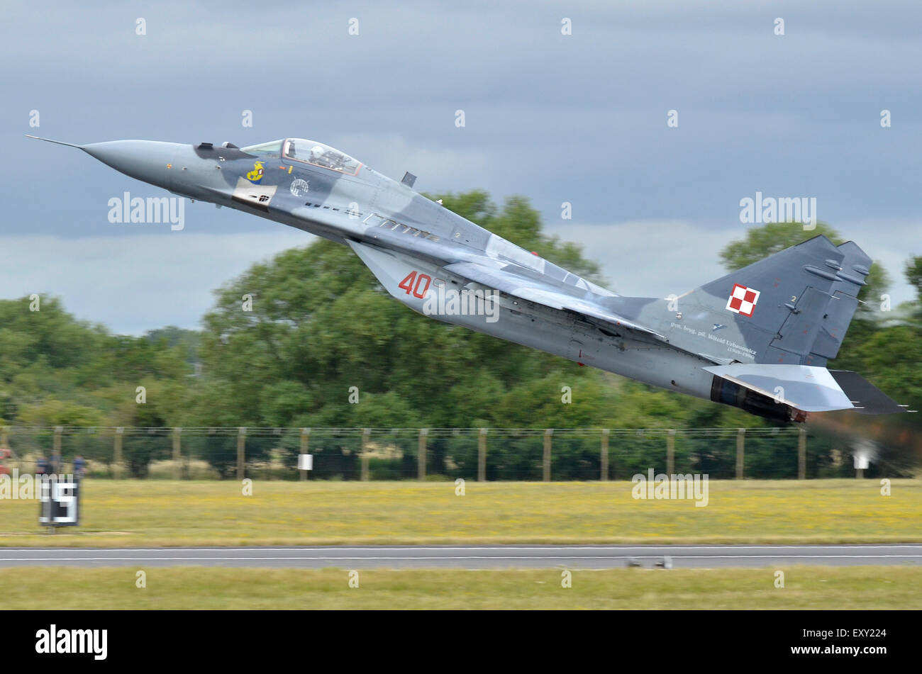 Mikoyan Gurevich Mig-29 operated by the Polish Air Force taking off in dramatic style at RIAT 2015, Fairford, UK. Credit:  Antony Nettle/Alamy Live News Stock Photo