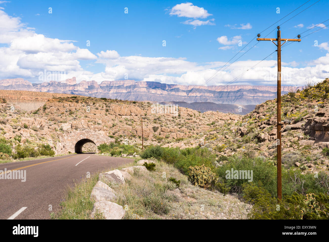 Route 12 tunnel as the Sierra Del Carmen Mountains rise in the background, in Big Bend National Park, Texas. Stock Photo