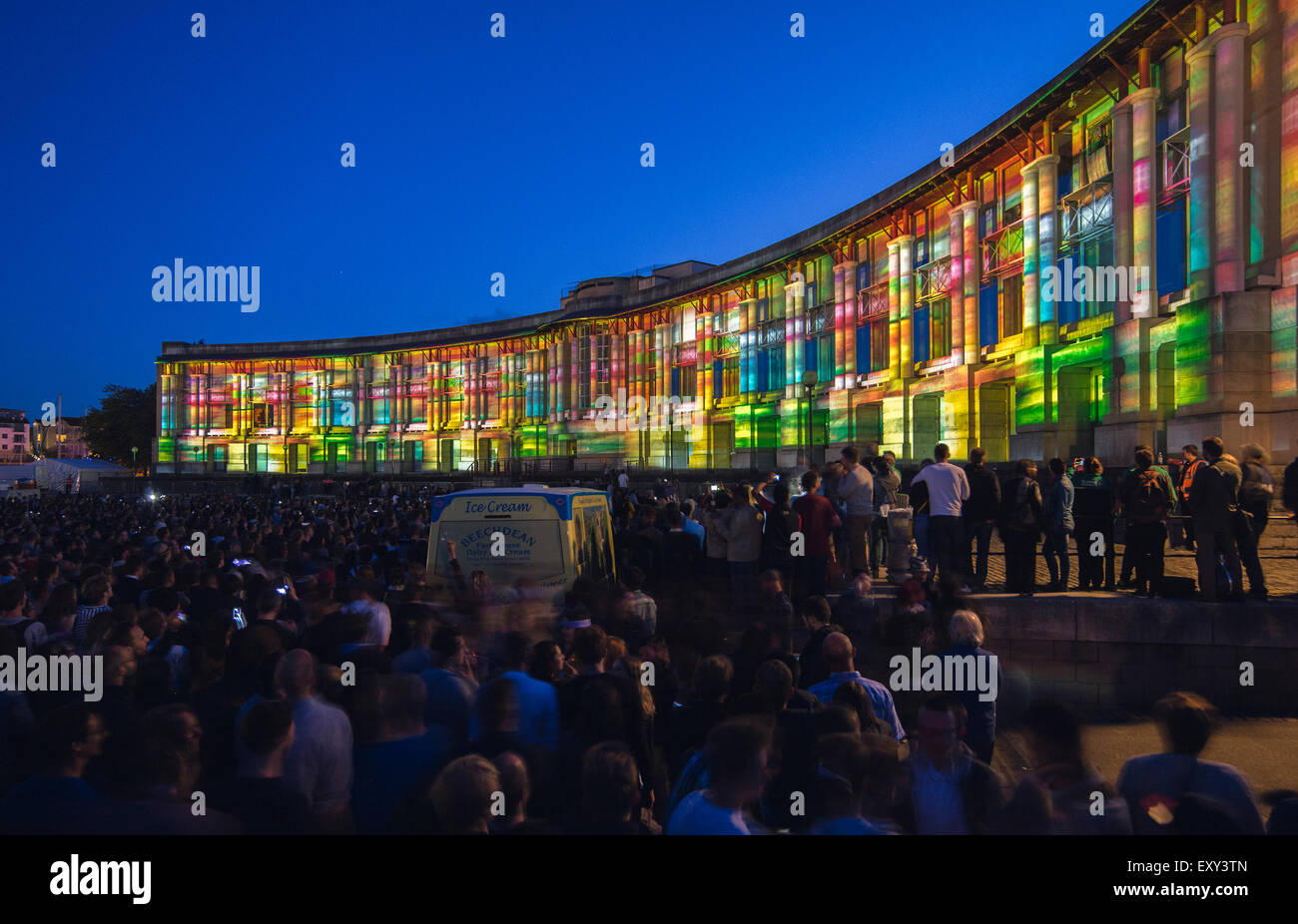 Bristol Harbour Festival multimedia show: projection Mapping on the Lloyds Building and pyrotechnics for European Green Capital. Stock Photo