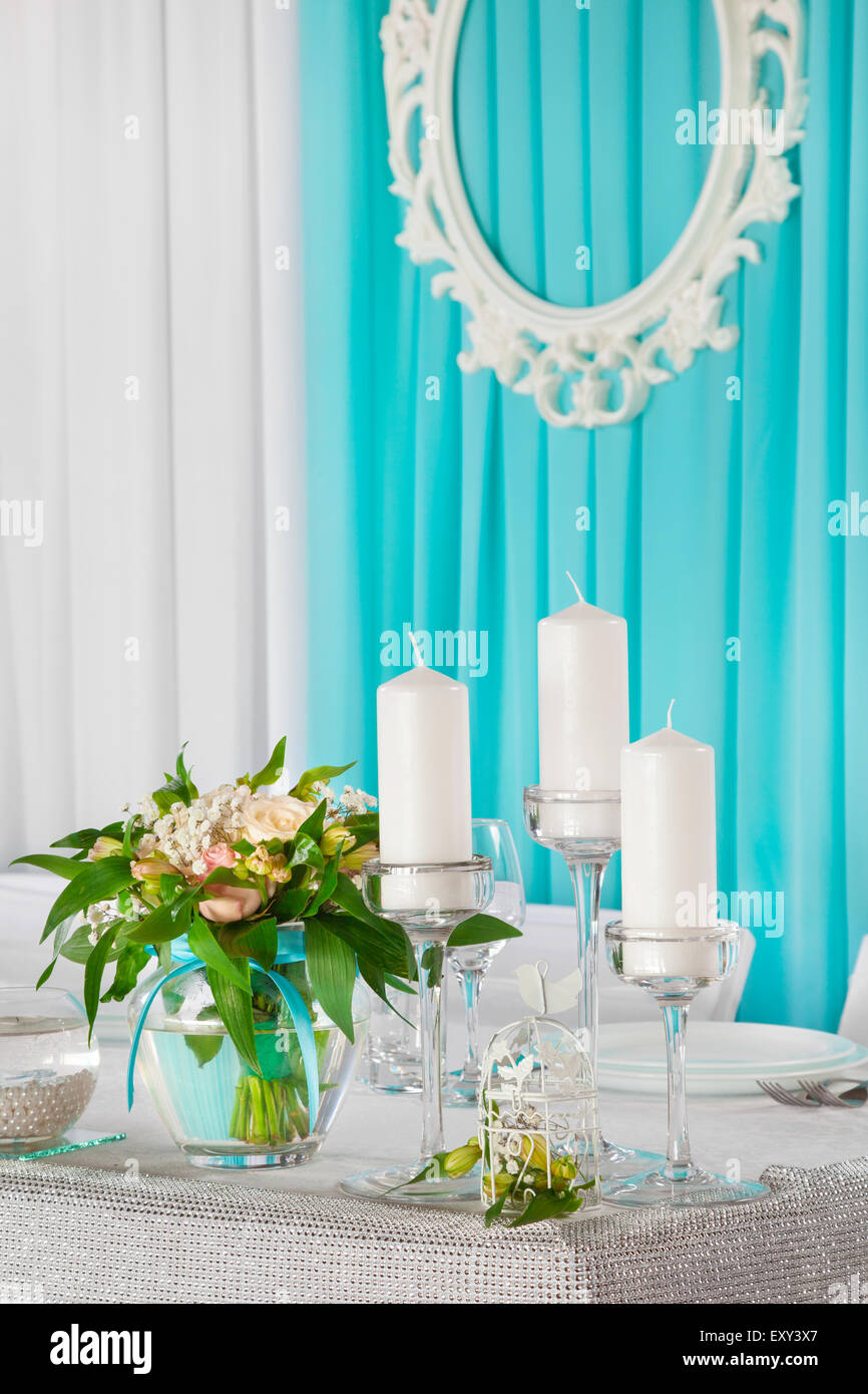 Decorated wedding table for bride and groom. Stock Photo