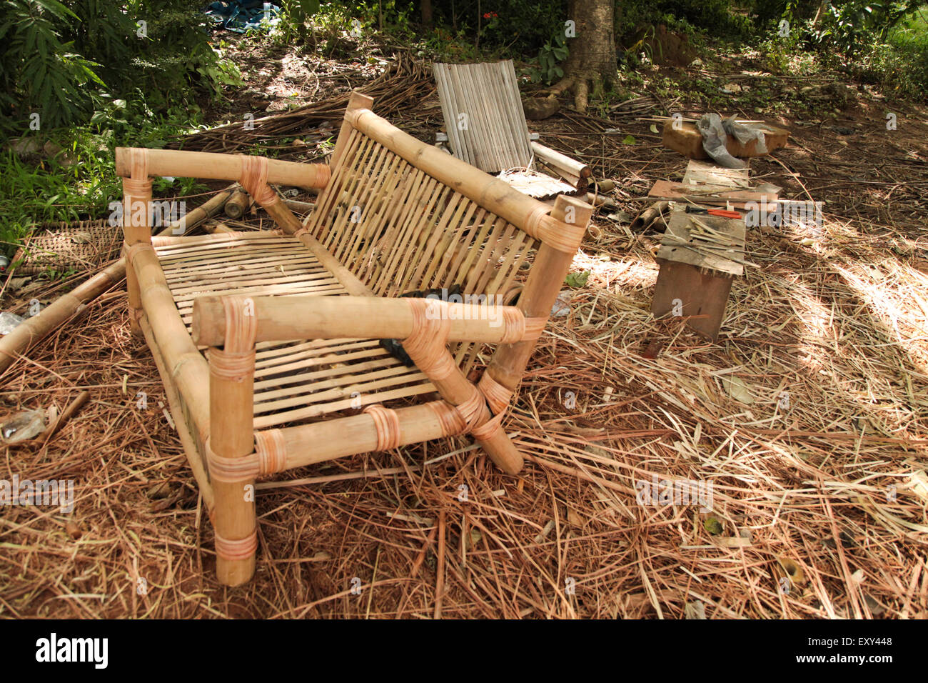 Nigeria Carpenter Using Bamboo To Make Chair Near Airport Road