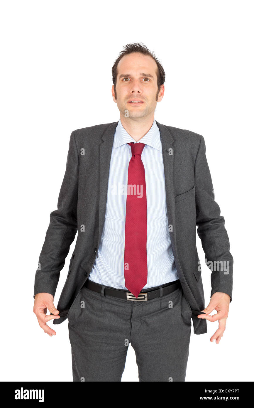 Handsome businessman doing different expressions in different sets of clothes: empty pockets Stock Photo