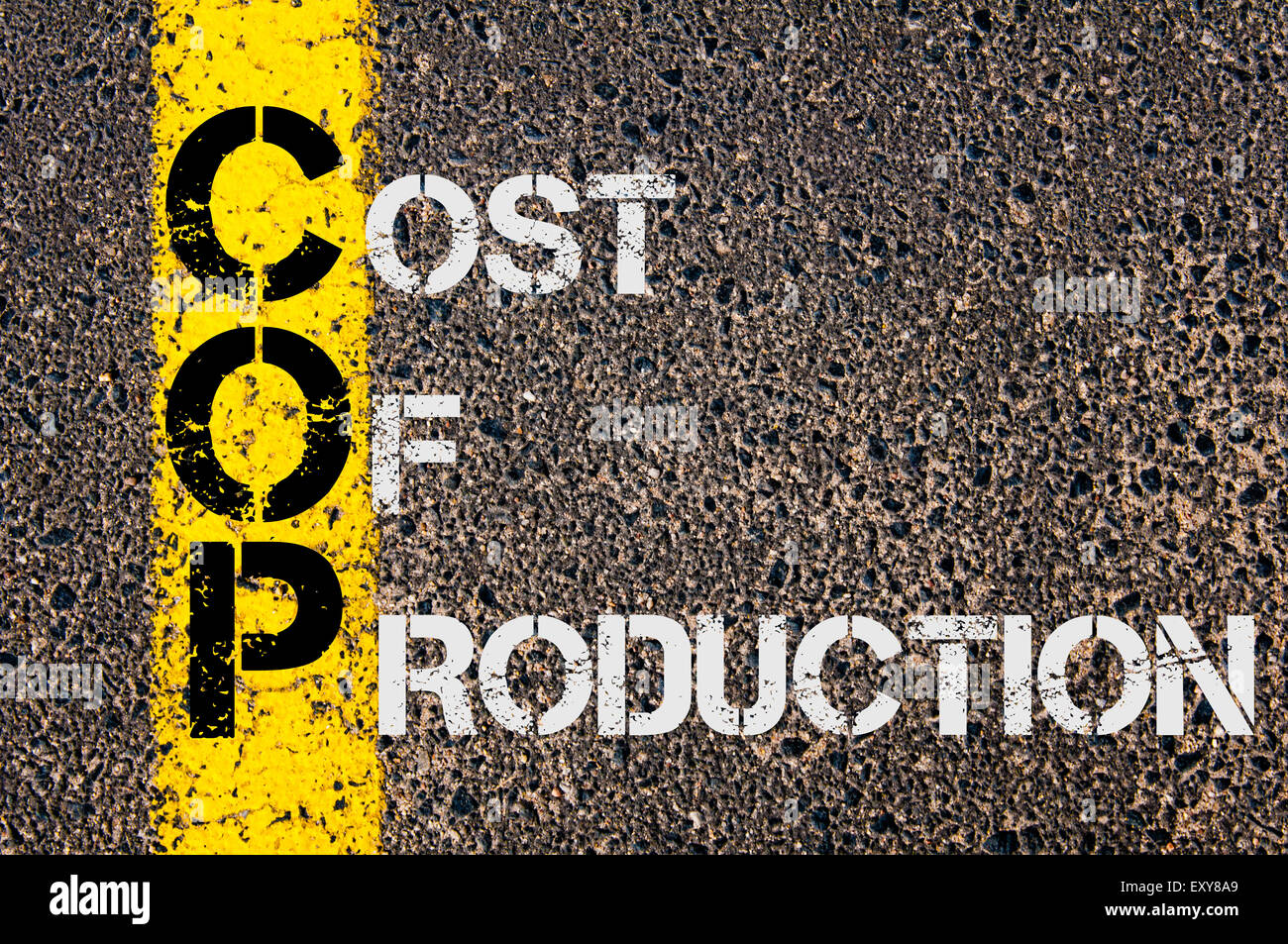 Concept image of Business Acronym COP as Cost Of Production written over  road marking yellow paint line Stock Photo - Alamy