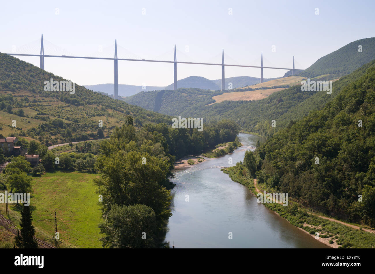 Millau viaduct and the river Tarn seen from the village of Peyre, Aveyron,  Midi-Pyrénées, France , Europe Stock Photo