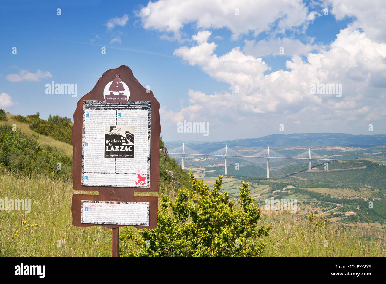 Gardarem Lo Larzac sign above Millau with the viaduct in he background, Averyon,  Midi-Pyrenees, France, Europe Stock Photo