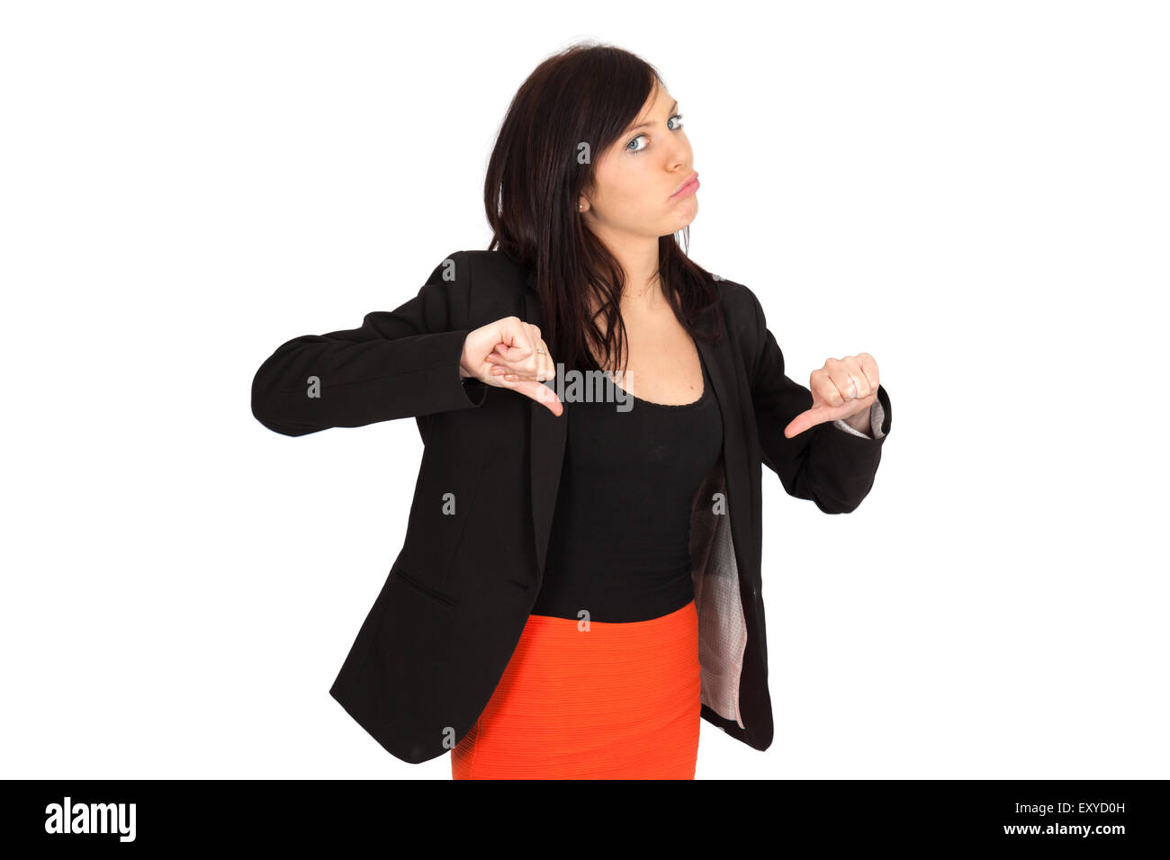 Beautiful woman doing different expressions in different sets of clothes thumbs down Stock