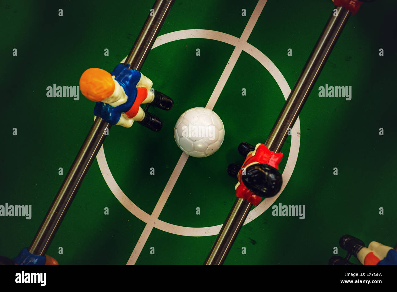 Table Soccer or Foosball Kicker Game, Top View, Selective Focus, Retro