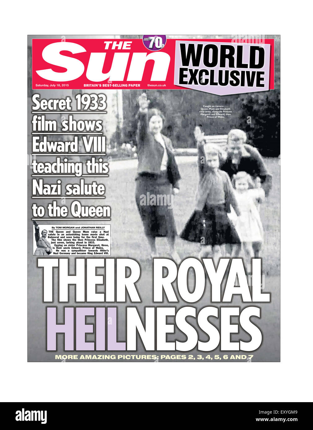 Controversial front page of The Sun Newspaper. July 18, 2015 Stock Photo