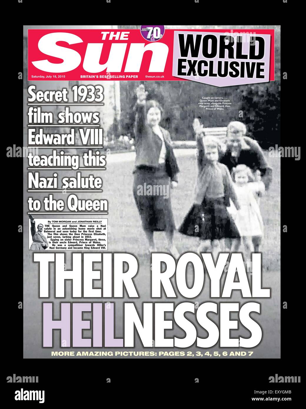 Controversial front page of The Sun Newspaper. July 18, 2015 Stock Photo