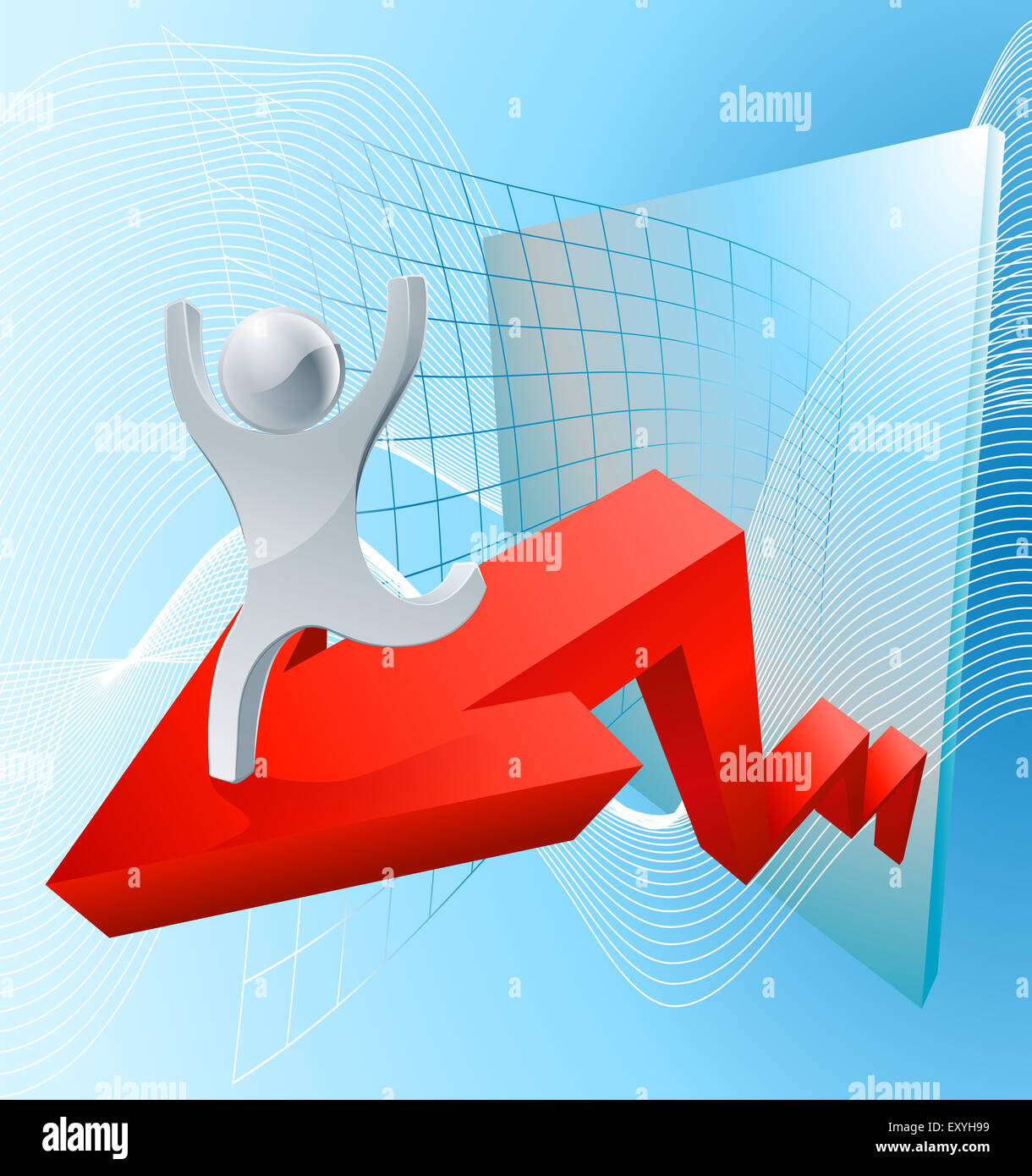 Growth arrow graph concept with a character riding high on success Stock Photo