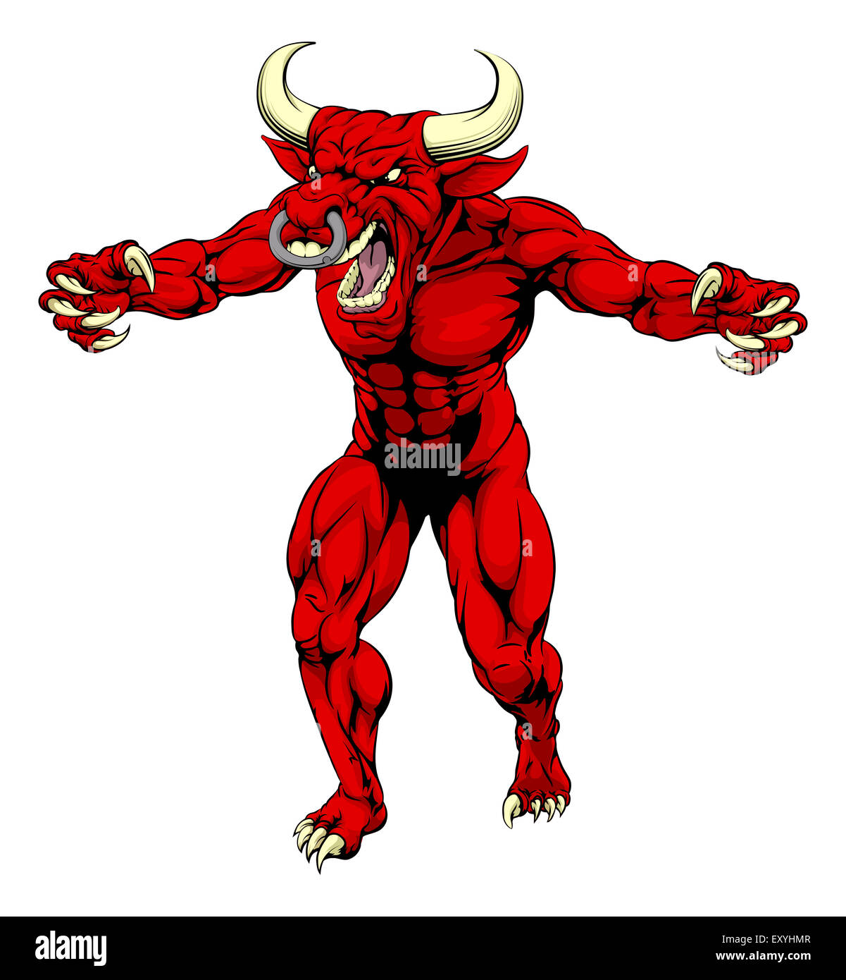 An aggressive tough mean red bull sports mascot character with claws out  Stock Photo - Alamy