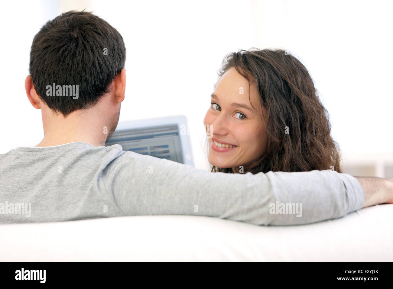 View of a Happy young couple surfing on a tablet Stock Photo