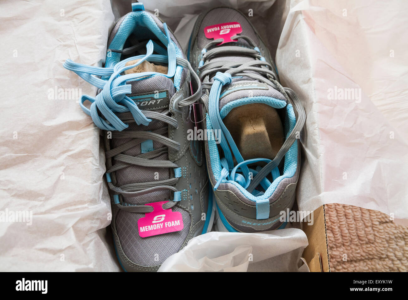 Pair brand new grey and blue Womens Skechers trainers with memory foam  padded insoles Stock Photo - Alamy