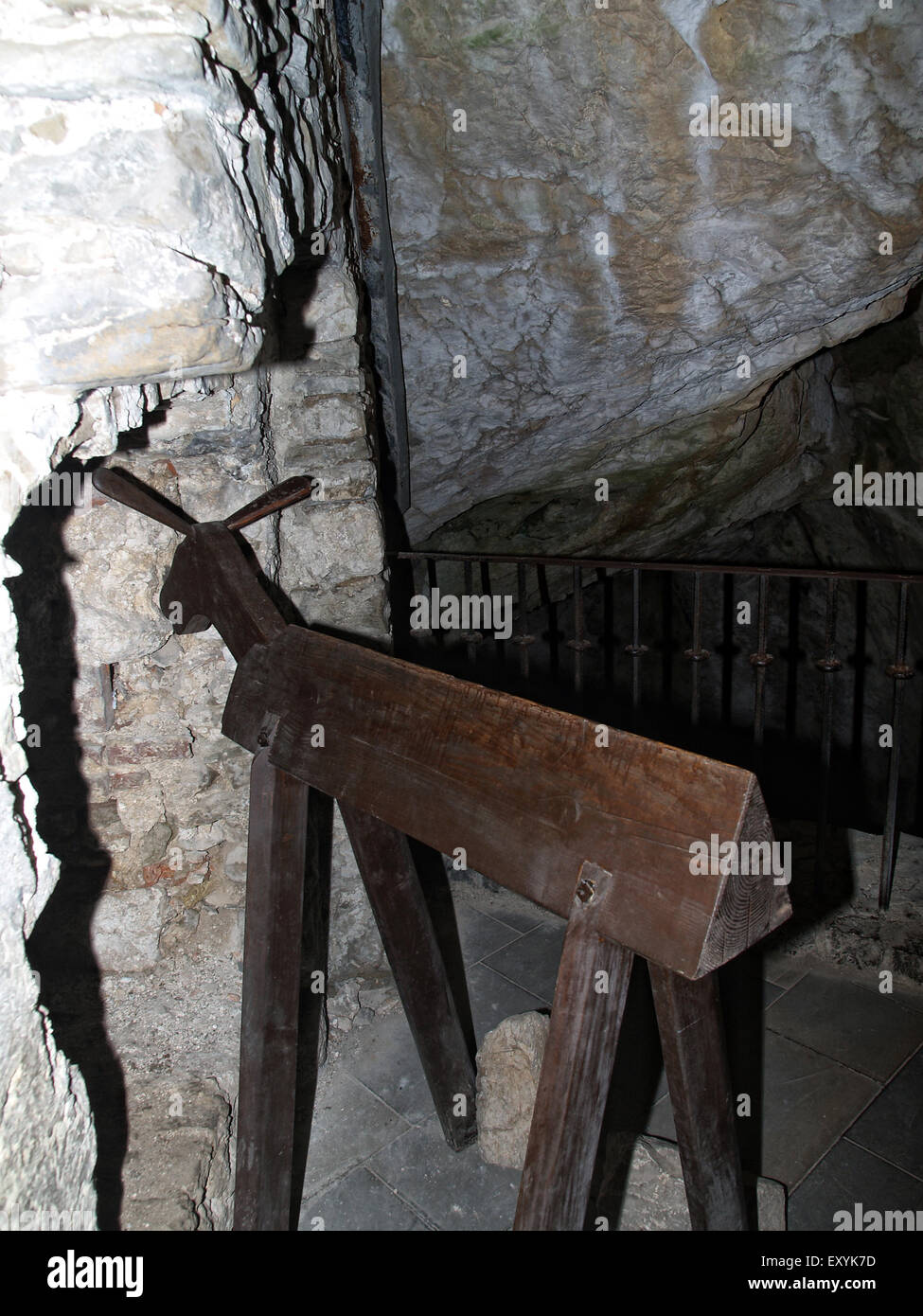 Torture rack in the dungeons at Predjama castle, near Postojna. Slovenia. Stock Photo