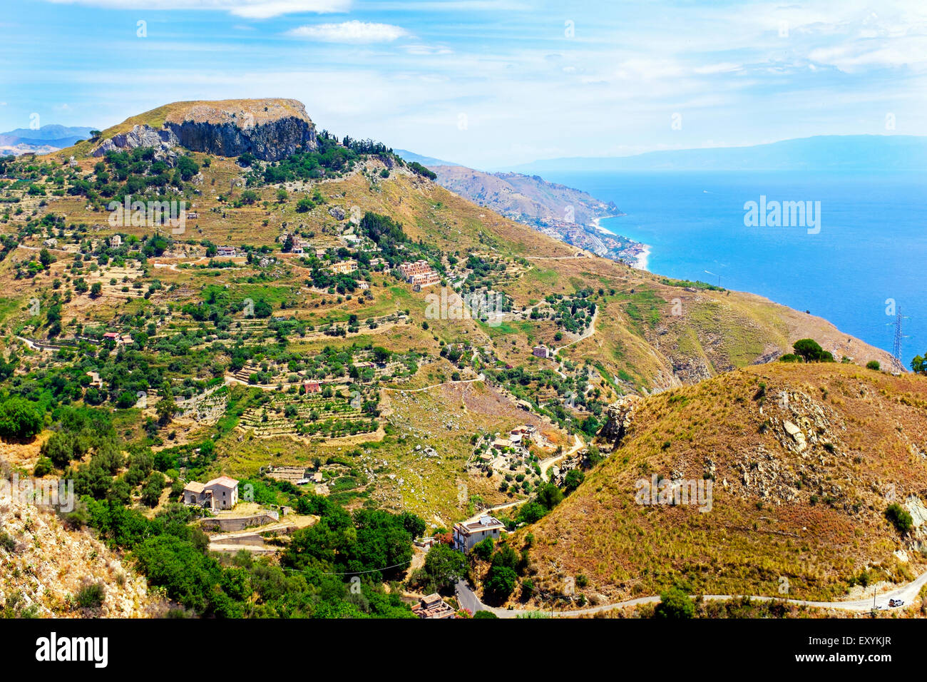 Cape Taormina and view to Letojanni beach, Messina district, Sicily, Italy Stock Photo