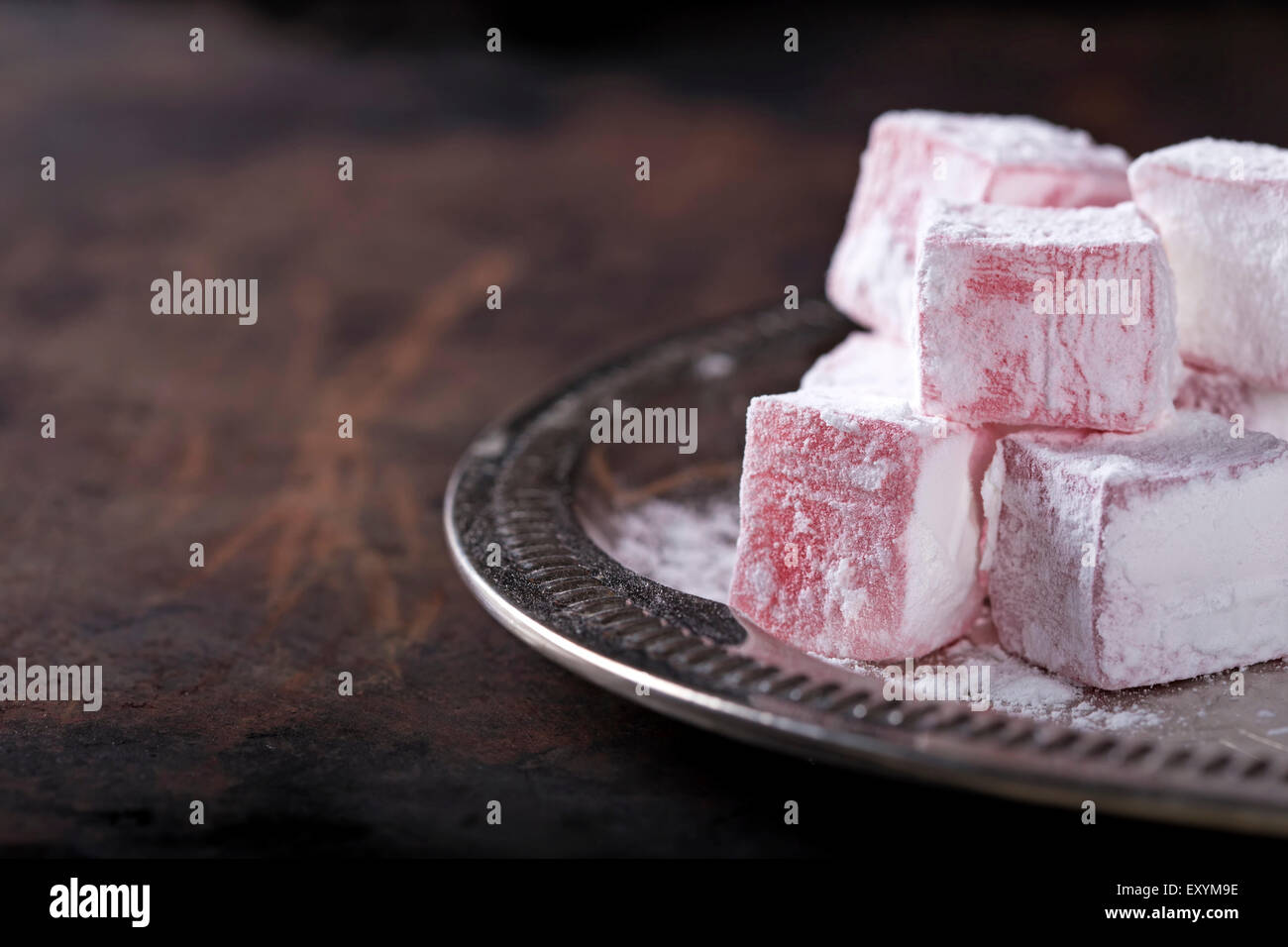 Rose flavored  Turkish delight in traditional silver bowl Stock Photo