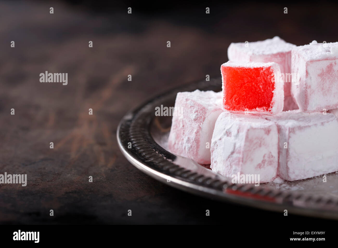 Rose flavored  Turkish delight in traditional silver bowl Stock Photo