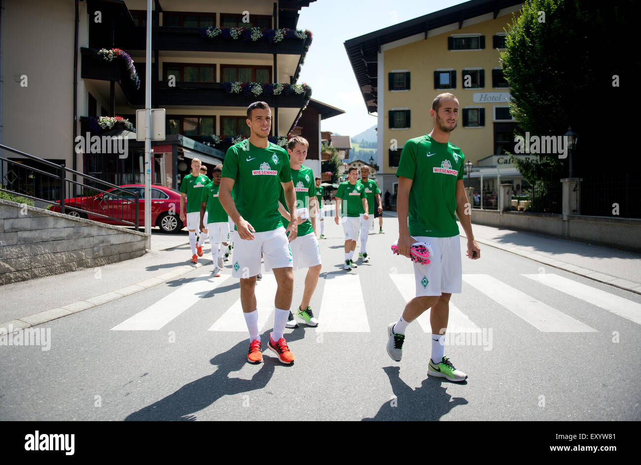 Bremen's Franco di Santo (l-r), Izet Hajrovic and Alejandro Galvez arrive at the stadium for the friendly match between FC Zbrojovka Brunn and Werder Bremen at the Parkstadion in Zell am Ziller, Austria, 18 July 2015. Photo: Daniel Naupold/dpa Stock Photo