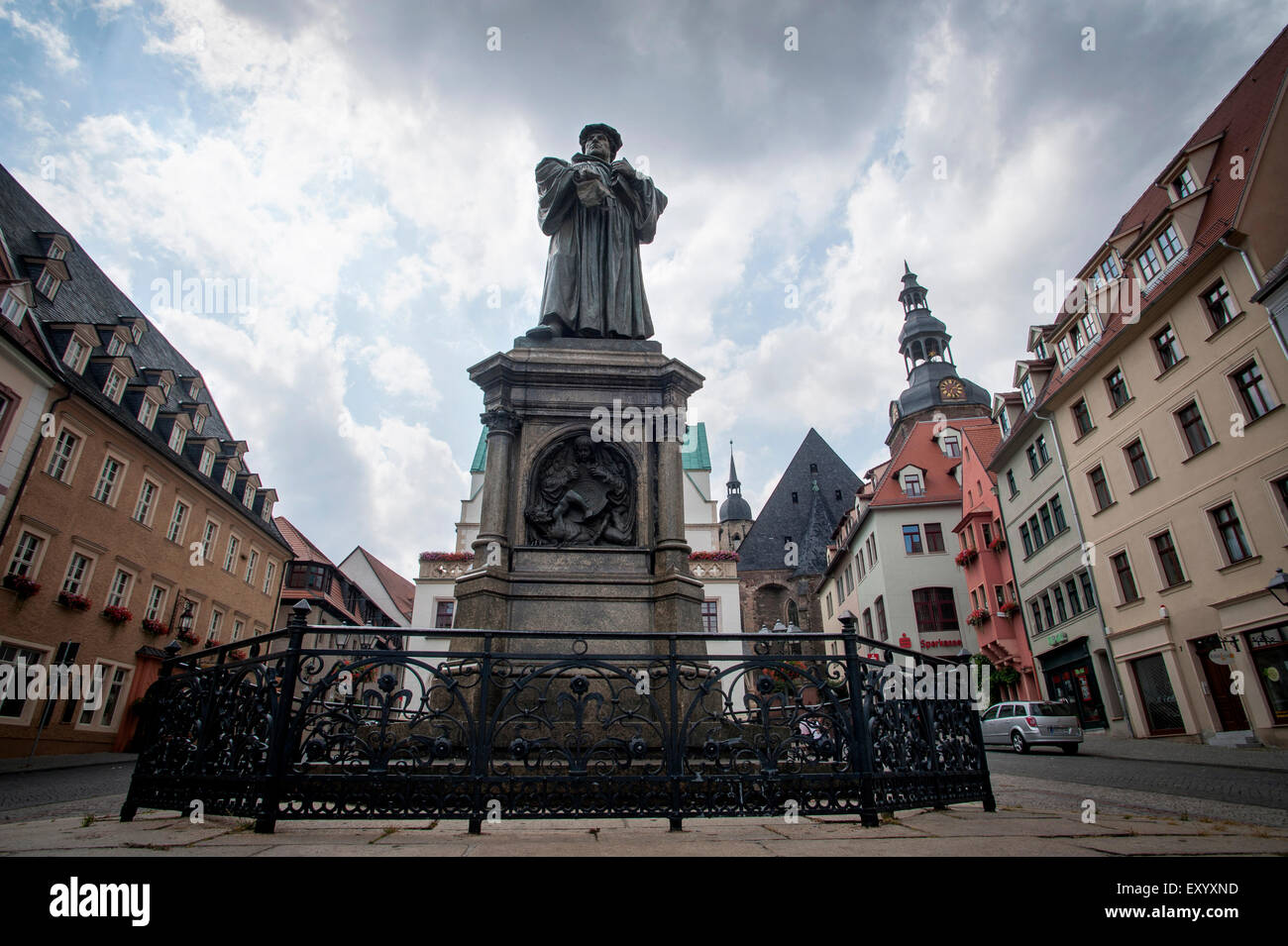 The marketplace in Eisleben where a statue of Martin Luther is placed.Eisleben was Martin Luther's birthplace and where he died Stock Photo