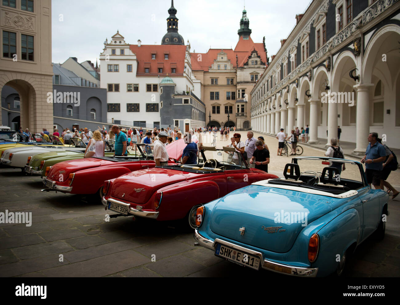 Dresden, Germany. 18th July, 2015. Several of around 70 'Wartburg 311/312 300 HT' convertibles manufactured in the former German Democratic Republic (GDR) are on display in Dresden, Germany, 18 July 2015. The Wartburg 311/312 300 HT was introduced during the Leipzig spring trade show in March 1965. It was the last convertible to be manufactured in the GDR. Photo: Arno Burgi/dpa/Alamy Live News Stock Photo