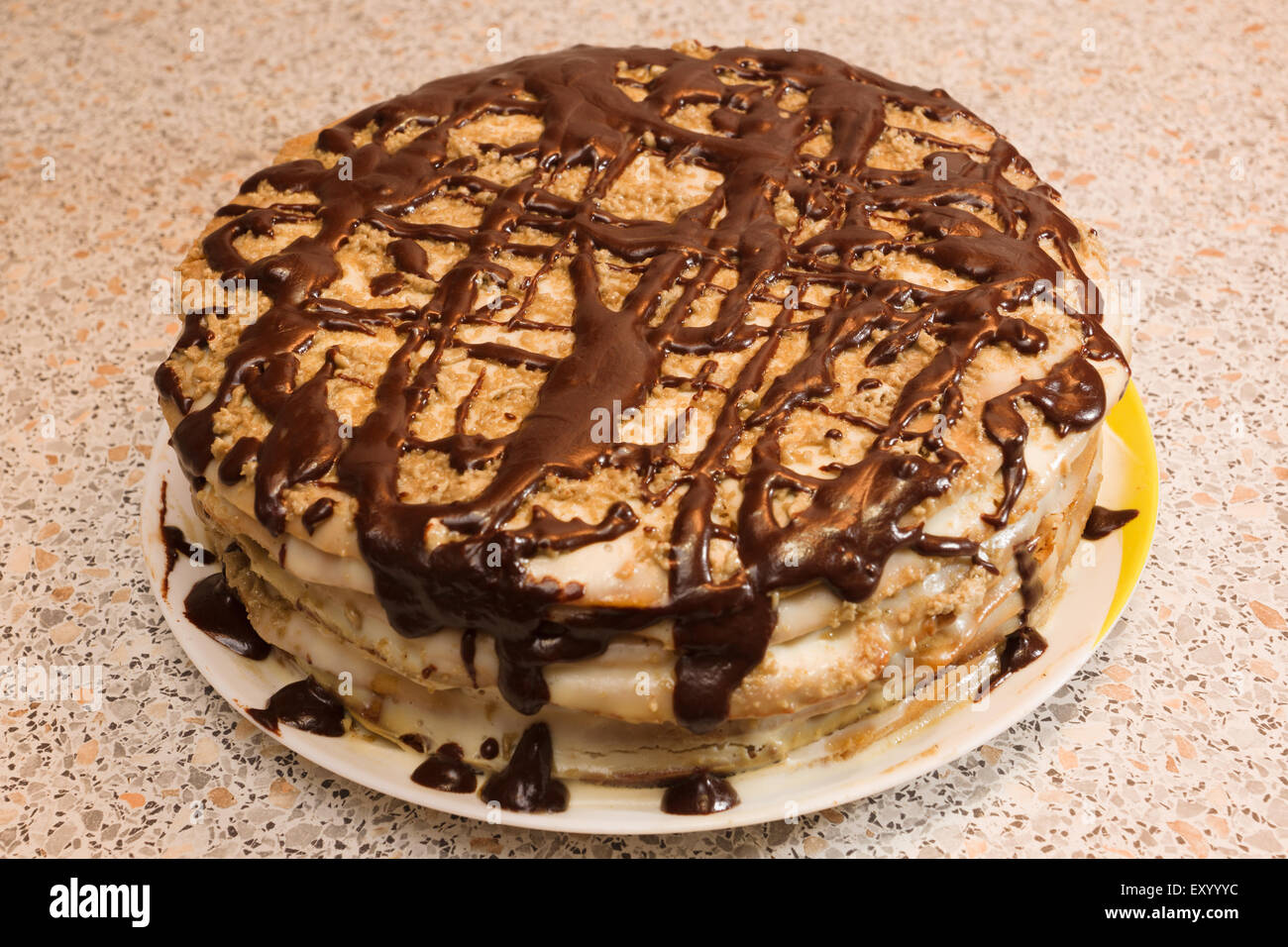 the tasty chocolate pie costs on a table waiting for a holiday Stock Photo