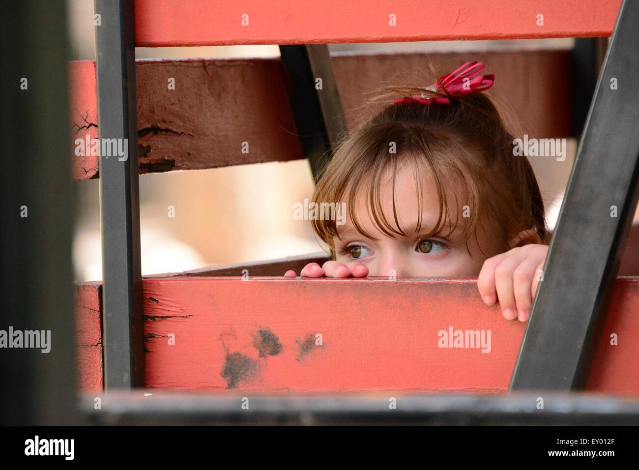 Little Day Dreamer in rail car at Albuquerque, New Mexico - USA Stock Photo