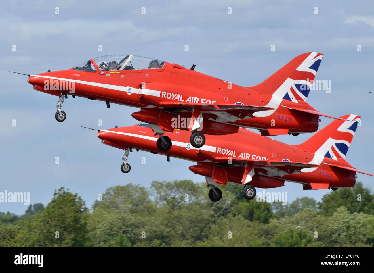 Red Arrows RAF Hawk aircraft get airborne at RIAT 2015, Fairford, UK. Credit:  Antony Nettle/Alamy Live News Stock Photo