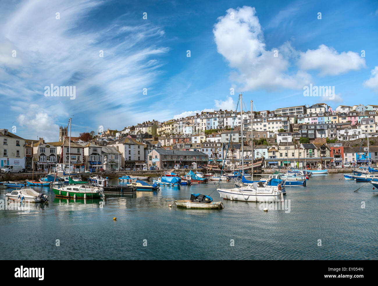 View over the harbour of Brixham, a small coastal town at the Torbay coast, England. Stock Photo